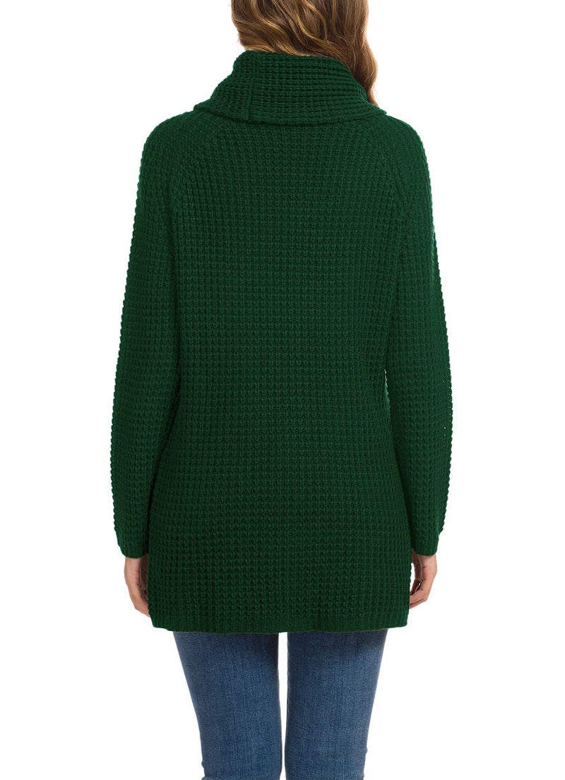 GRECERELLE Women's Fall Chunky Turtleneck Long Sleeve Asymmetric Hem Loose Knit Pullover Sweaters Tops, Dark Green, M - Image 4
